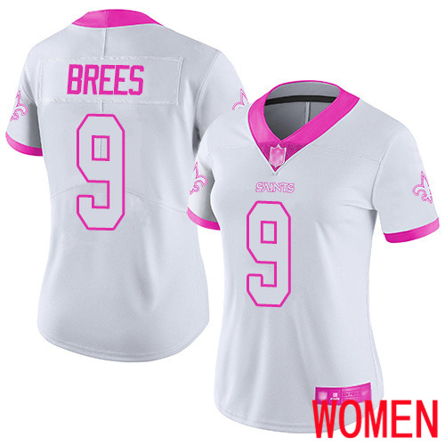 New Orleans Saints Limited White Pink Women Drew Brees Jersey NFL Football #9 Rush Fashion Jersey